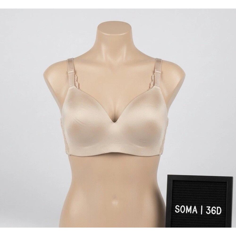 SOMA Enbliss Luxe Wireless Bra 36D Beige Tan Nude J-Hook Racerback Comfort
